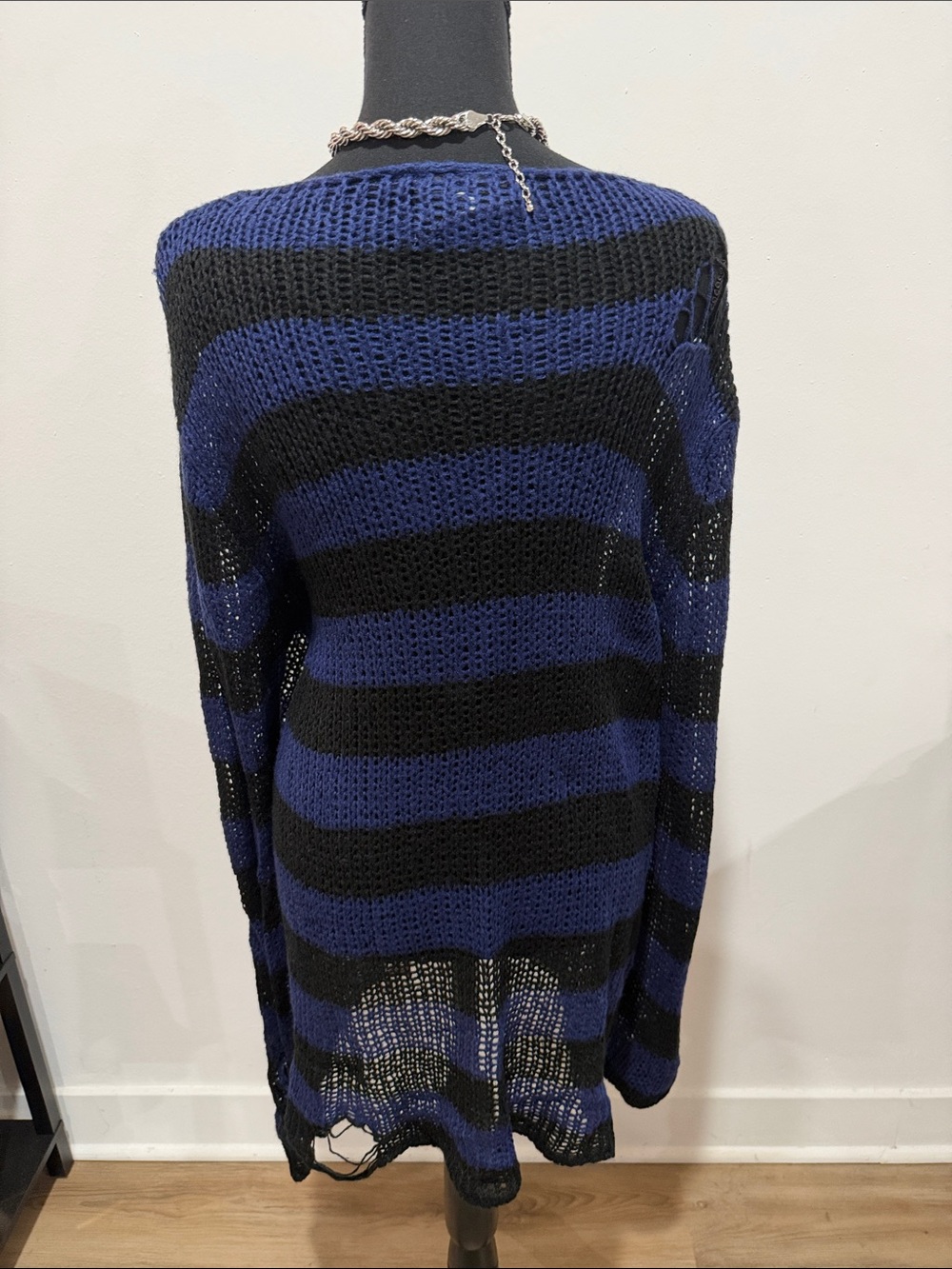 Killstar Blue and Black Distressed Open-Knit Off-Shoulder Sweater - Picture 3 of 4